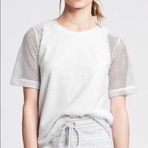 Banana Republic White Mesh Layered Short Sleeve Crewneck Blouse